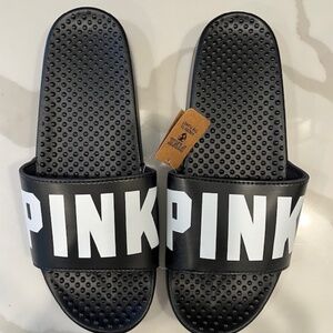 VICTORIAS SECRET PINK LOGO BLACK SLIDES SANDALS BEACH SHOWER SHOES M